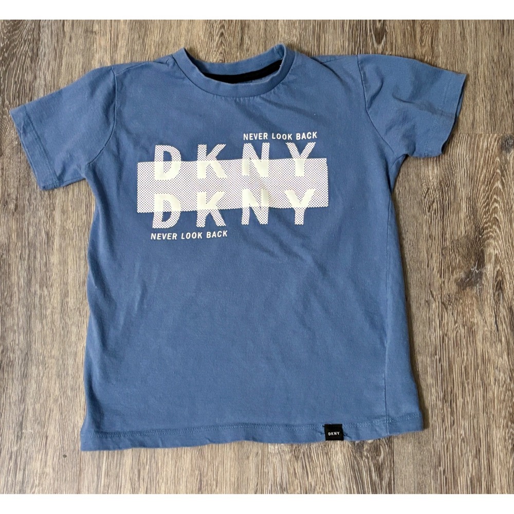 DKNY Boys Graphic Logo Crew Tee Shirt Small 8 Blue Never Look Back Short Sleeve